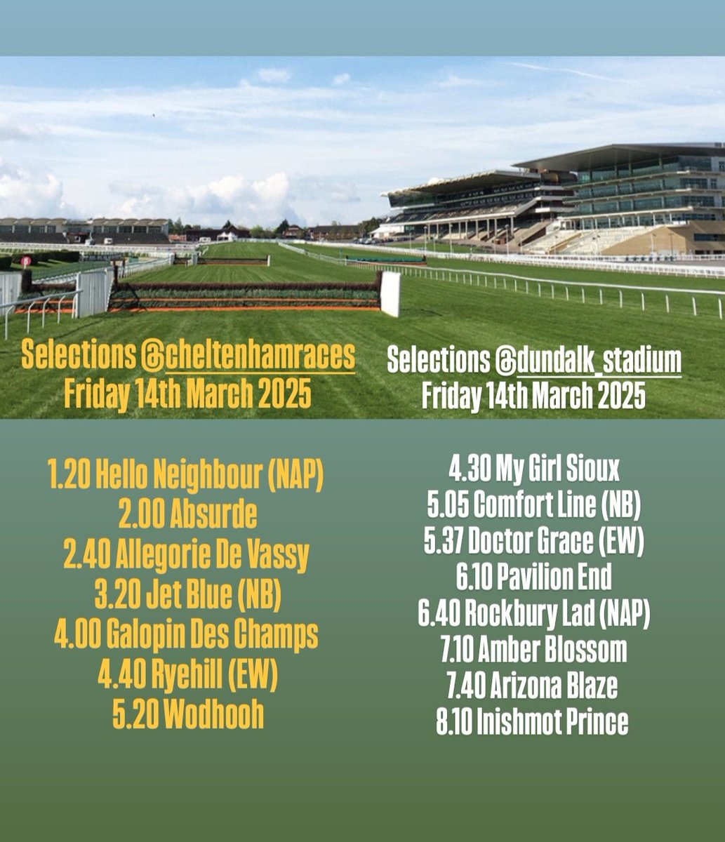 Alan Marron (@almarron) on Twitter photo Evening folks!! Day 4️⃣ of the <a href="/CheltenhamRaces/">CheltenhamRacecourse</a> #CheltenhamFestival on Friday and we also head to <a href="/DundalkStadium/">Dundalk Stadium</a> for some excellent all-weather action. 🏇🏇
Any likes/reposts follows much appreciated 🙏
Selections posted below ⏬️⏬️⏬️ Evening folks!! Day 4️⃣ of the <a href="/CheltenhamRaces/">CheltenhamRacecourse</a> #CheltenhamFestival on Friday and we also head to <a href="/DundalkStadium/">Dundalk Stadium</a> for some excellent all-weather action. 🏇🏇
Any likes/reposts follows much appreciated 🙏
Selections posted below ⏬️⏬️⏬️