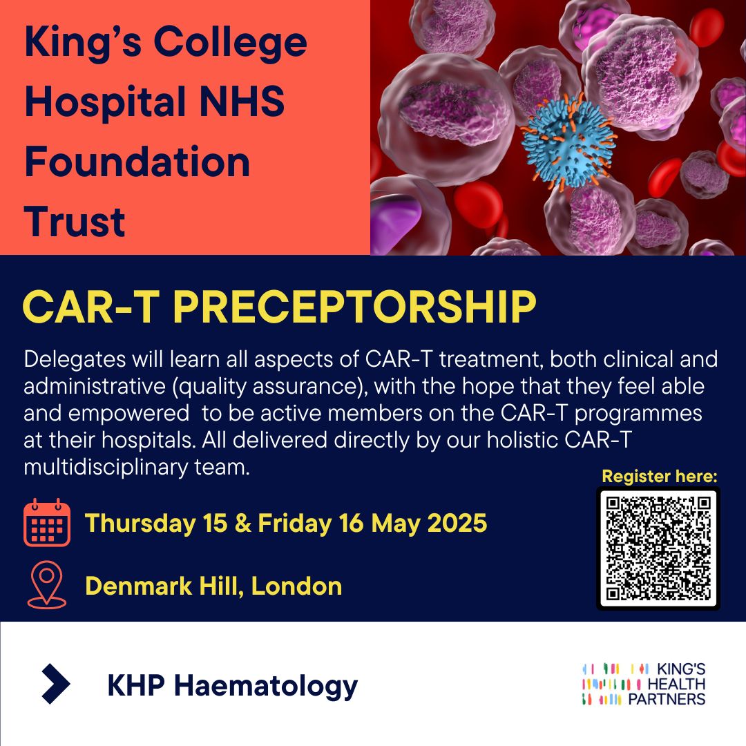 Looking to harness your knowledge in CAR-T delivery? Have a new CAR-T programme at your hospital? Then our King's College Hospital NHS Foundation Trust CAR-T Preceptorship will be perfect for you!
Register here, or by scanning the QR code below: lnkd.in/eBr4-dwx..