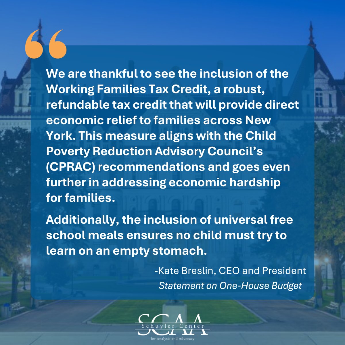 The Schuyler Center commends the NYS Assembly and Senate for including the Working Families Tax Credit in their respective budget proposals. Read our full statement on these proposals: scaany.org/wp-content/upl…