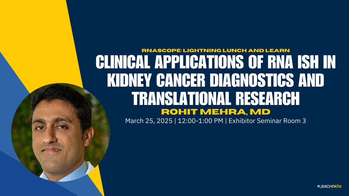 Michigan Pathology (@umichpath) on Twitter photo 🔬Join us for an exciting #RNAScope Lightning Lunch & Learn with <a href="/drmehrarohit/">ROHIT MEHRA</a>. Discover the clinical applications of RNA ISH in kidney cancer diagnosis and translational research. #USCAP2025 #UMichPath
🗓️March 25, 2025
📍Exhibitor Seminar Room 3
🕐12:00-1:00 PM 🔬Join us for an exciting #RNAScope Lightning Lunch & Learn with <a href="/drmehrarohit/">ROHIT MEHRA</a>. Discover the clinical applications of RNA ISH in kidney cancer diagnosis and translational research. #USCAP2025 #UMichPath
🗓️March 25, 2025
📍Exhibitor Seminar Room 3
🕐12:00-1:00 PM