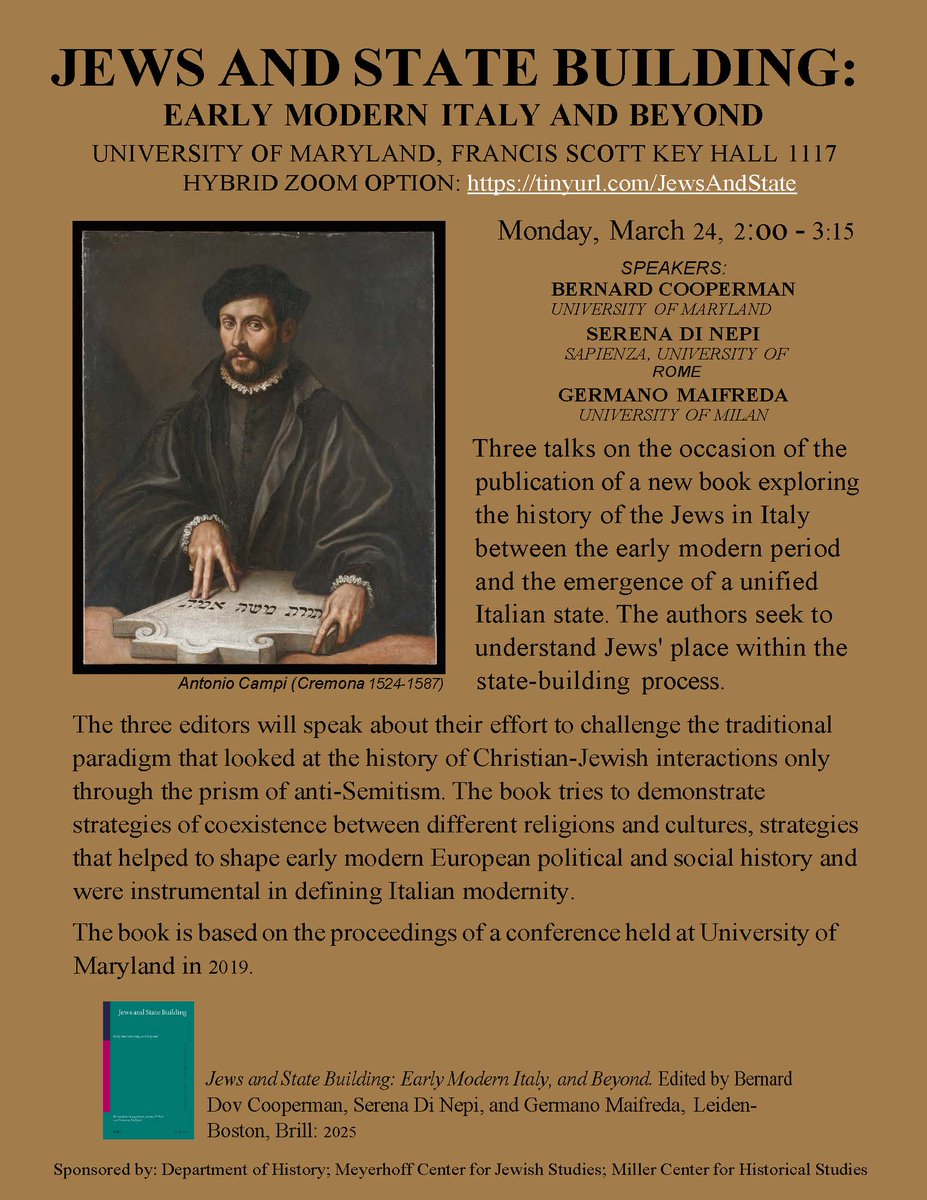 stefanovil's tweet photo. 'Jews and State Building: Early Modern Italy and Beyond' at @UofMaryland, March 24, 2:00-3:15 PM. 
Featuring Bernard Cooperman, @serenadinepi, @GMaifreda
#JewishHistory #EarlyModernItaly https://t.co/yxJjPEM1eh