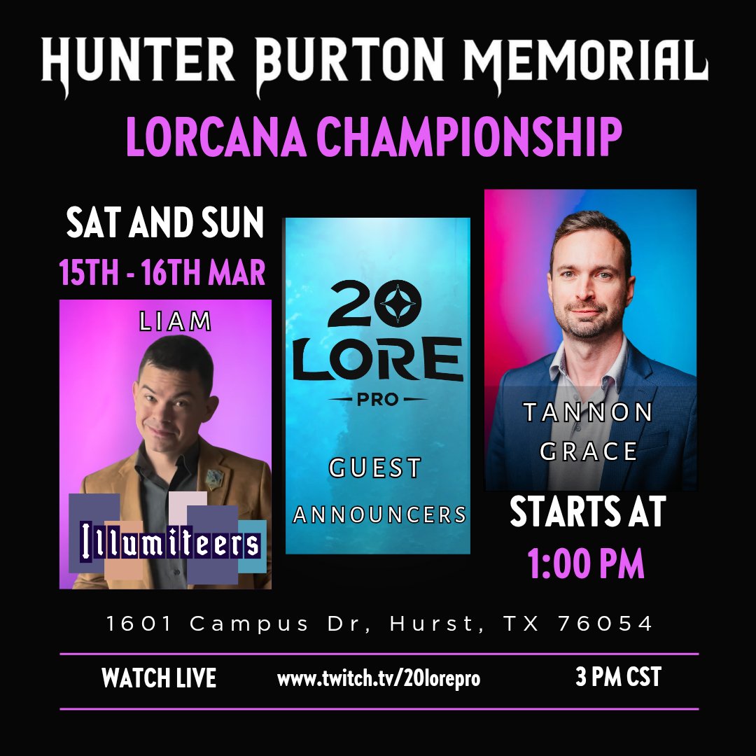 20Lore.Pro (@20lorepro) on Twitter photo Dont miss the action as <a href="/THETannonGrace/">Tannon Grace</a> joins us for this year's HBM Lorcana Championship to provide his expert Lorcana commentary. Sign up or join us online as we go live this Saturday at 3pm CST for the latest in competitive Lorcana. Dont miss the action as <a href="/THETannonGrace/">Tannon Grace</a> joins us for this year's HBM Lorcana Championship to provide his expert Lorcana commentary. Sign up or join us online as we go live this Saturday at 3pm CST for the latest in competitive Lorcana.
