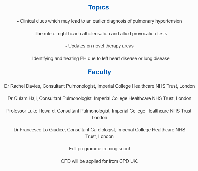 Luke Howard (@helpmybreathing) on Twitter photo We are holding a day of education on PH for medical professionals at Hunton Park in Watford. All welcome - free to attend, but you need to register
A day out...
Great speakers... 🙃
And CPD points...
What's not to like?
If you're interested please email imperial.PH@nhs.net We are holding a day of education on PH for medical professionals at Hunton Park in Watford. All welcome - free to attend, but you need to register
A day out...
Great speakers... 🙃
And CPD points...
What's not to like?
If you're interested please email imperial.PH@nhs.net