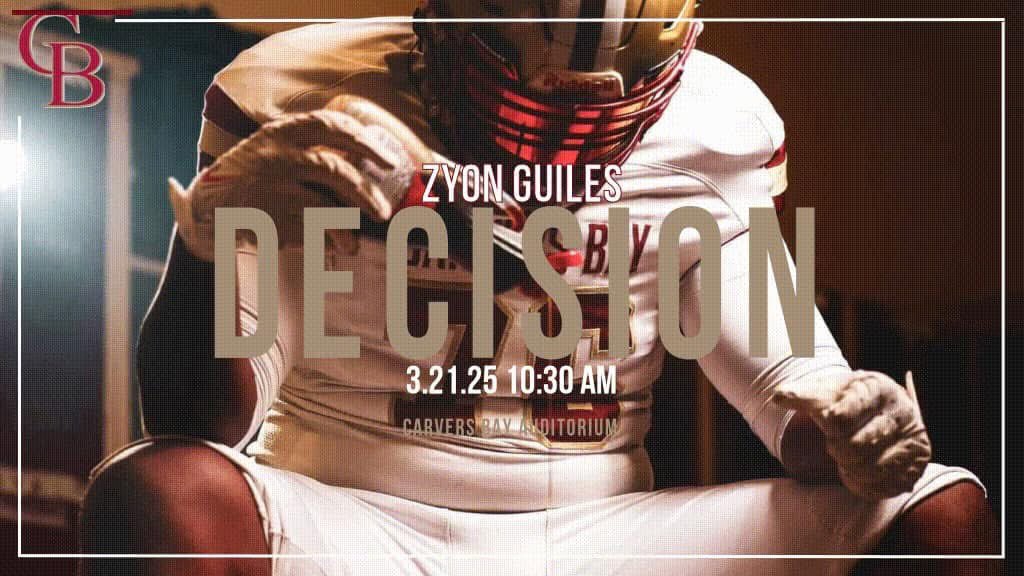 Matthew Richard (@carversbaycoach) on Twitter photo It is my honor to announce that <a href="/guileszyon/">Zyon Guiles</a> will be revealing his decision on where he will pursue his football career on March 21st at 10:30am. #BearNation #Thrivein2025 #ItsDifferentHere #decisions It is my honor to announce that <a href="/guileszyon/">Zyon Guiles</a> will be revealing his decision on where he will pursue his football career on March 21st at 10:30am. #BearNation #Thrivein2025 #ItsDifferentHere #decisions