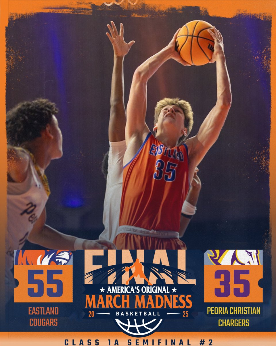 2⃣0⃣2⃣5⃣ #IHSA BOYS BASKETBALL STATE FINALS🏀
🇺🇸 America's Original #MarchMadness

🏆Class 1⃣A | Semifinal 2⃣🏆
Eastland 55
Peoria Christian 35

EHS-Parker Krogman (21pts, 6 reb)

🏅Eastland advances to 1A title game Saturday at 1PM

Box Score▶️ ihsa.org/data/bkb/1Box2…
