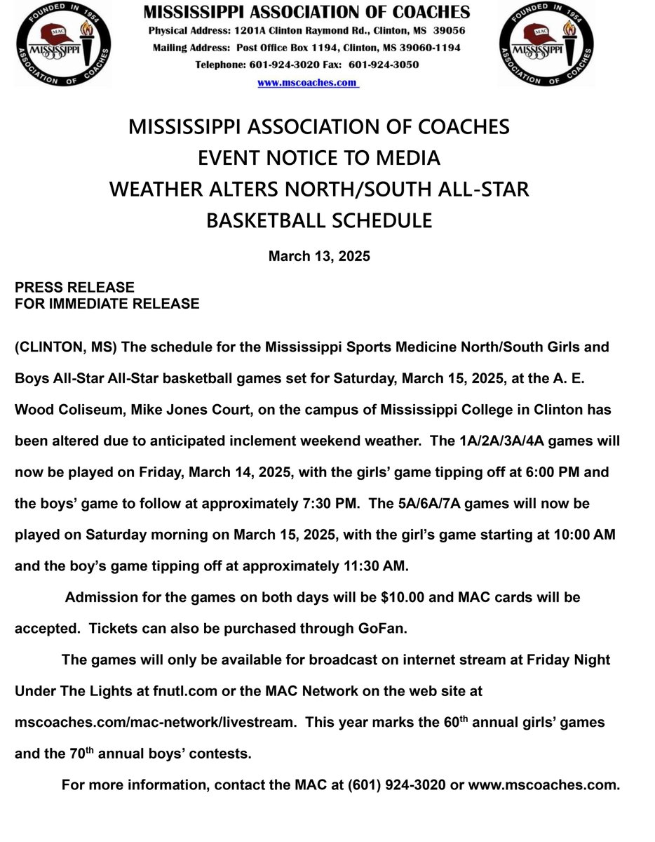 MACoaches's tweet image. 🚨🏀⭐️👇
NEW TIMES FOR NORTH/SOUTH ALL-STAR BASKETBALL GAMES