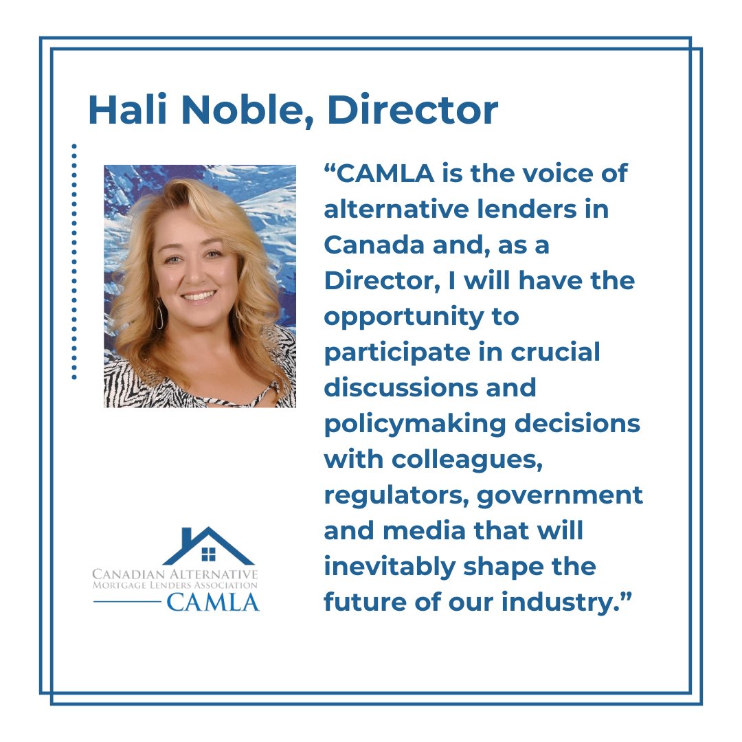 Please join us in welcoming Hali Noble, Managing Director, Fisgard Asset Management Corporation, as she returns to the CAMLA Board of Directors for a second three-year term!

#association #boardofdirectors #realestate #mortgage #privatelending #alternativelending #CAMLA