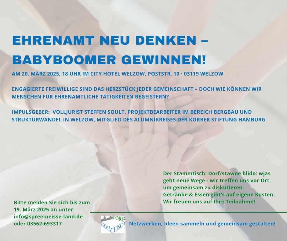 Engagierte Freiwillige sind das Herzstück jeder Gemeinschaft – doch wie können wir die Generation der Babyboomer für ehrenamtliche Tätigkeiten begeistern? Das ist das Thema des Stammtisch Dorf am 20. März, den wir mit organisieren. Einfach anmelden!