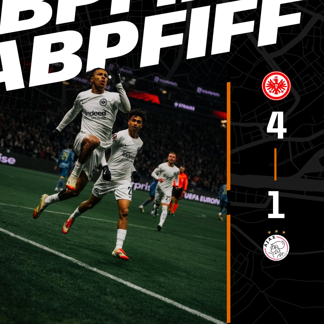 Eintracht Frankfurt (@eintracht) on Twitter photo JAAAAAA! Wir fliegen ins 𝐕𝐢𝐞𝐫𝐭𝐞𝐥𝐟𝐢𝐧𝐚𝐥𝐞 der <a href="/EuropaLeague/">UEFA Europa League</a>! 🦅😍
–––––
⏹️ 90. | #SGEAJA 4:1 | #SGE | #UEL JAAAAAA! Wir fliegen ins 𝐕𝐢𝐞𝐫𝐭𝐞𝐥𝐟𝐢𝐧𝐚𝐥𝐞 der <a href="/EuropaLeague/">UEFA Europa League</a>! 🦅😍
–––––
⏹️ 90. | #SGEAJA 4:1 | #SGE | #UEL