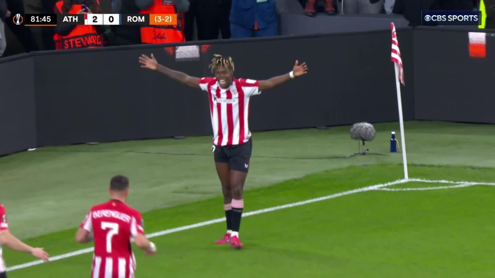 Nico Williams slips through the Roma defense to fire Athletic Club in to the #UEL quarterfinals 💥