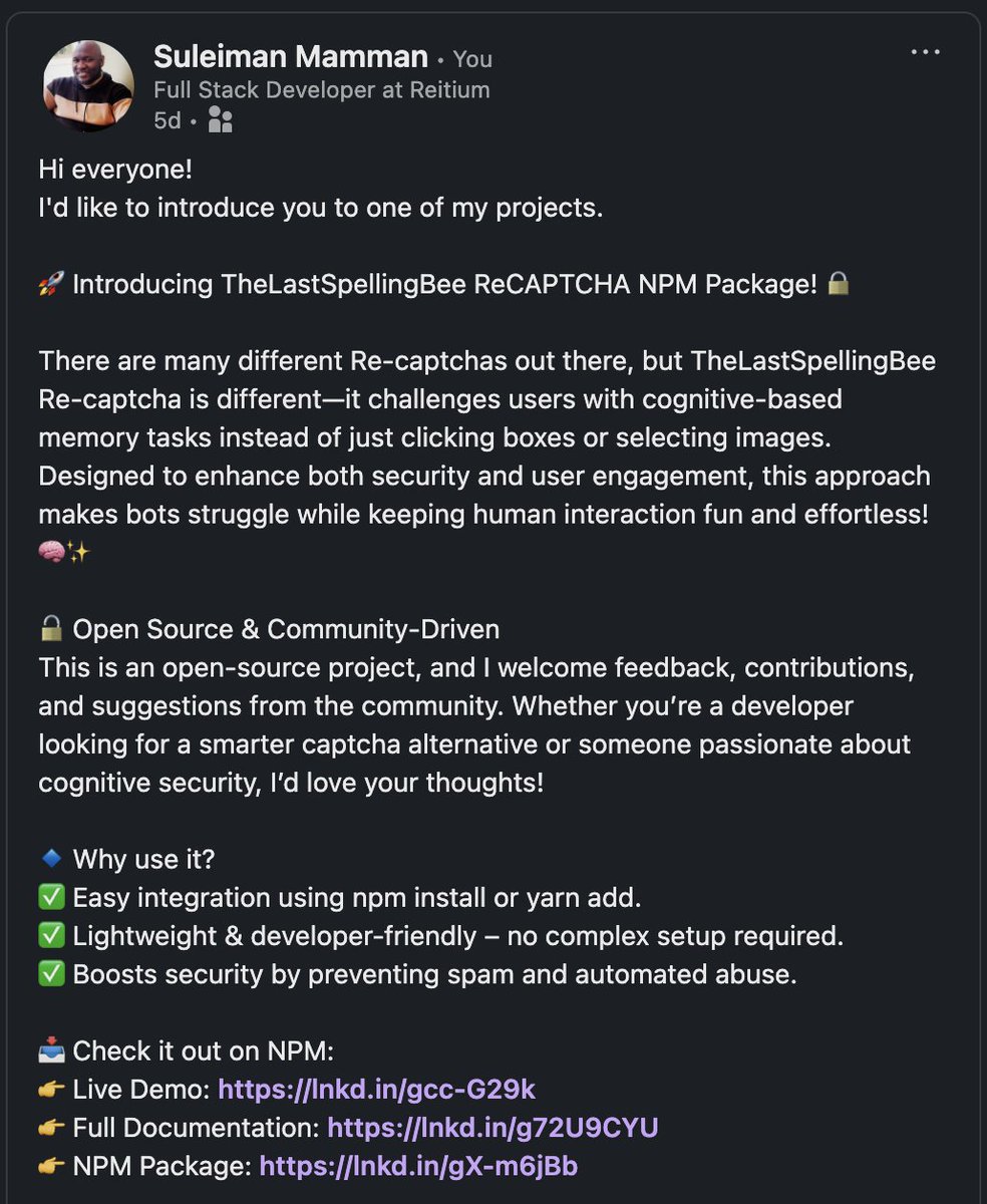 DLastCodeBender's tweet image. Hi everyone!
I'd like to introduce you to one of my projects.
🚀 Introducing TheLastSpellingBee ReCAPTCHA NPM Package! 🔒
👉 Live Demo: lnkd.in/gcc-G29k
👉 Full Documentation: lnkd.in/g72U9CYU
👉 NPM Package: lnkd.in/gX-m6jBb
#SoftwareEngineer  #WebDev #AI