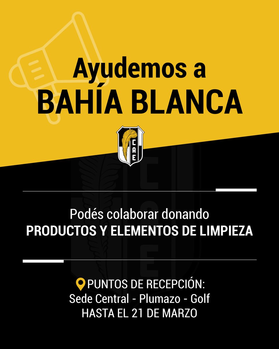 Ayudemos a #BAHÍABLANCA

Convocamos a todos los socios
Juntos somos más 🫶 🖤🤍

Recibimos donaciones hasta el viernes 21 de marzo
📍En Sedes Central, Plumazo y Golf.

#TodosxBahía #Solidaridad #Ayuda