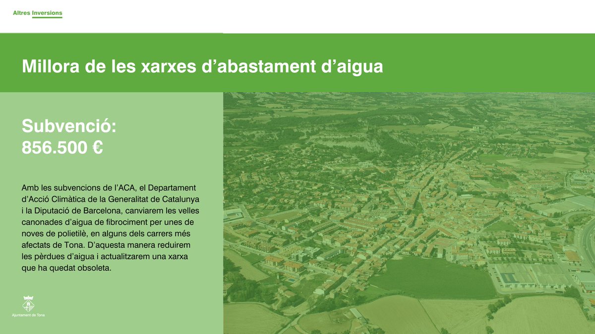 tona_aj's tweet photo. #PleTona També detalla altres inversions destacades que no figuren al pressupost perquè provenen de subvencions dels àmbits de la sostenibilitat i del tractament d'aigua que s'executaran enguany, (...) https://t.co/e3sA8bnHeR