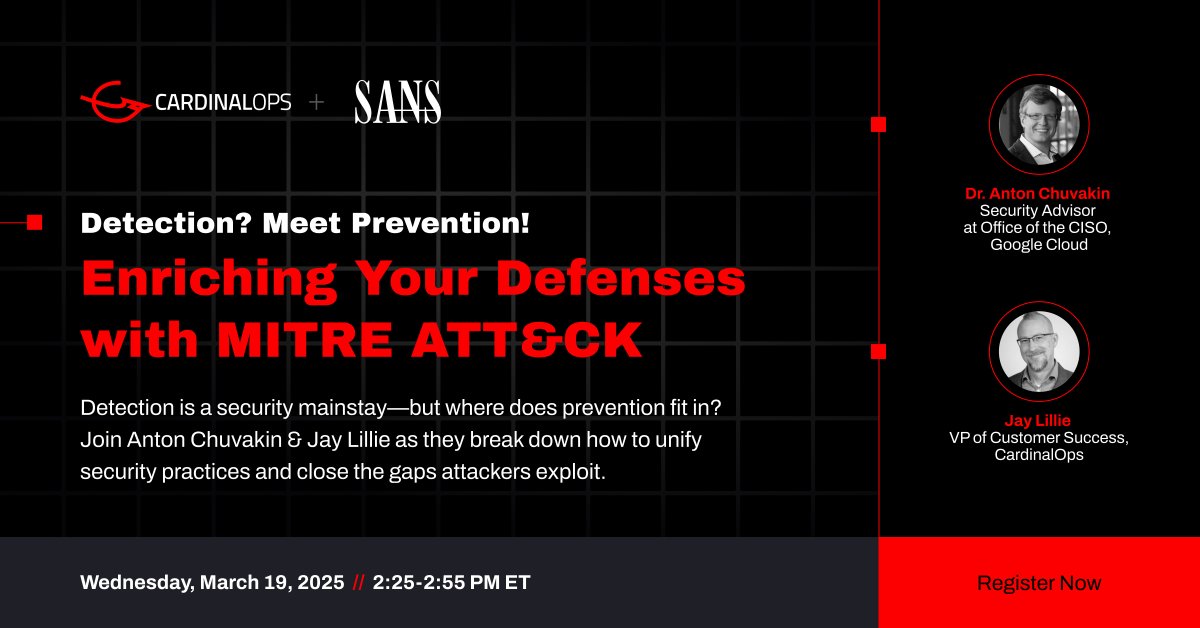 Detection + Prevention = Stronger Defense! Join Dr. Anton Chuvakin &amp; Jay Lillie at SANS Cyber Solutions Fest to explore bridging detection &amp; prevention with MITRE ATT&amp;CK.

📅 3/19 | 2:25-2:55 PM ET
🔗 hubs.li/Q03bPRdX0 

#MITREATTACK #Detection #Prevention #CTEM