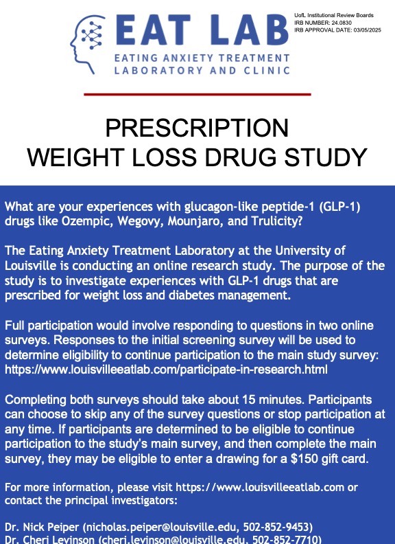 uofleatlab's tweet image. What are your experiences with glucagon-like peptide-1 (GLP-1) drugs like Ozempic, Wegovy, Mounjaro, and Trulicity? 💊Answer surveys to enter a drawing for $150 gift card!! 💳

Fill out this survey to see if you are eligible!! redcap.louisville.edu/redcap/surveys…
