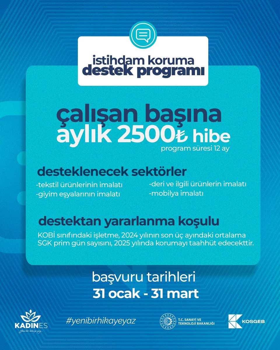 KOBİ’ler için çalışan başına aylık 2.500 TL destek📢
💡 Kimler Yararlanabilir?
👉 KOBİ sınıfındaki işletmeler, 2024 yılının son 3 ayındaki SGK prim gün sayısını 2025 yılında korumayı taahhüt ederek bu destekten faydalanabilir. #kadınes #yenibirhikayeyaz #kobi #hibe