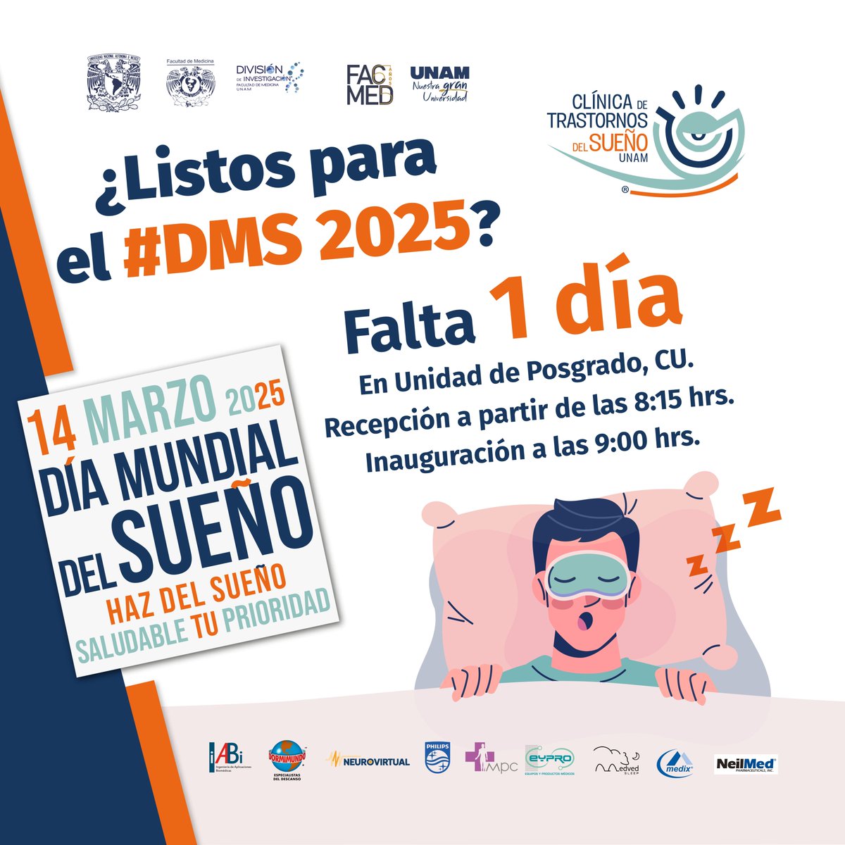Recuerda que mañana celebraremos el Día Mundial del Sueño 2025 🛌🧸

¡Te esperamos! ✨

<a href="/InvestFacmed/">Div de Investigación</a>  <a href="/FacMedicinaUNAM/">FacultadMedicinaUNAM</a>  
#DMS2025 #BienDormir #DuermeMejor #MedicinaDelSueño #SomosFacMed #UNAM@