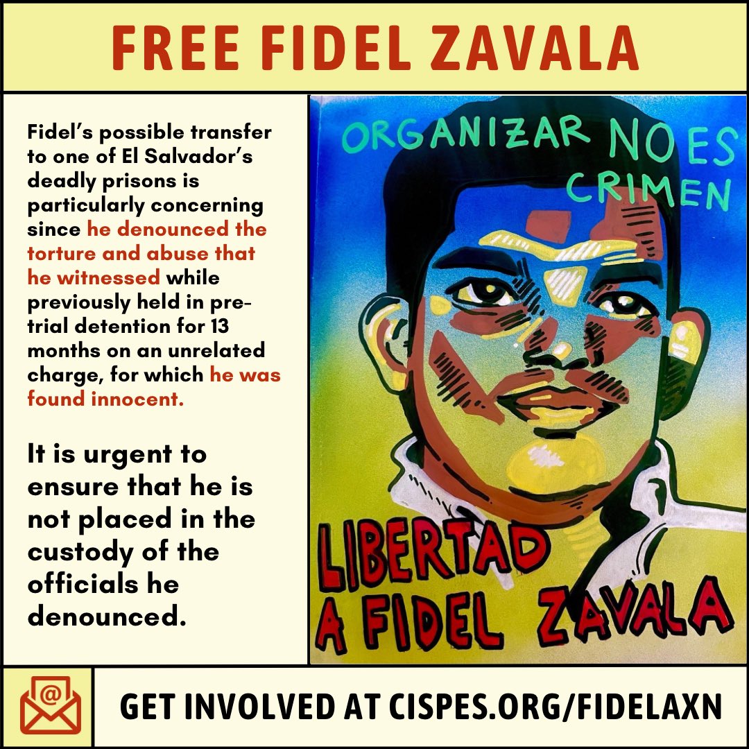 🚨Bukele’s government uses the excuse of a war on gangs to try land and human rights defenders in organized crime tribunals! Take action now ➡️ CISPES.org/fidelaxn 

#LibertadAFidelZavala #CasoLaFloresta #OrganizarNoEsDelito