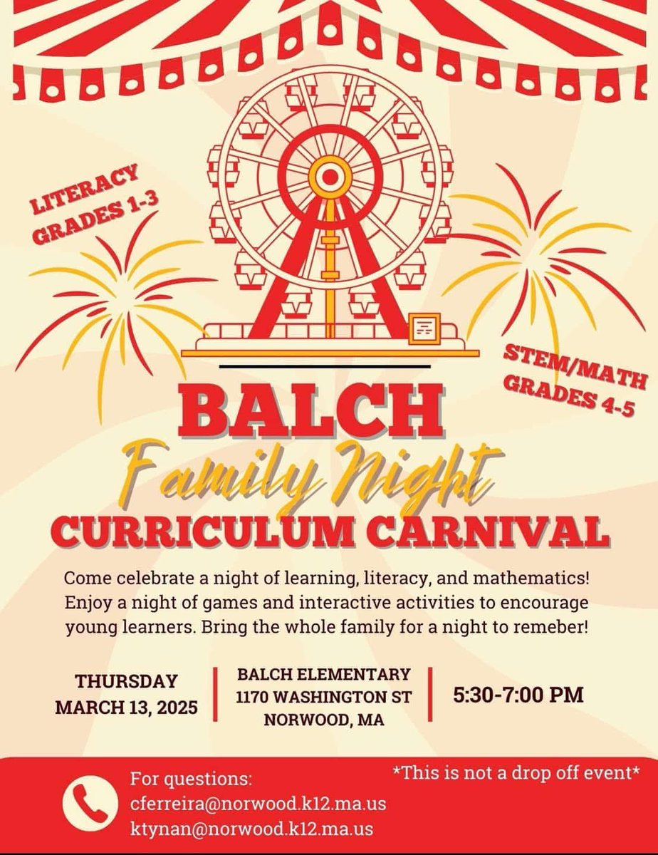 Join us for our Curriculum Carnival event tonight! We hope to see you from 5:30-7:00 pm in our school cafeteria. It has been transformed into a festive carnival with games and activities! #BeALearningChampionHere <a href="/NorwoodSchools/">NPS</a>