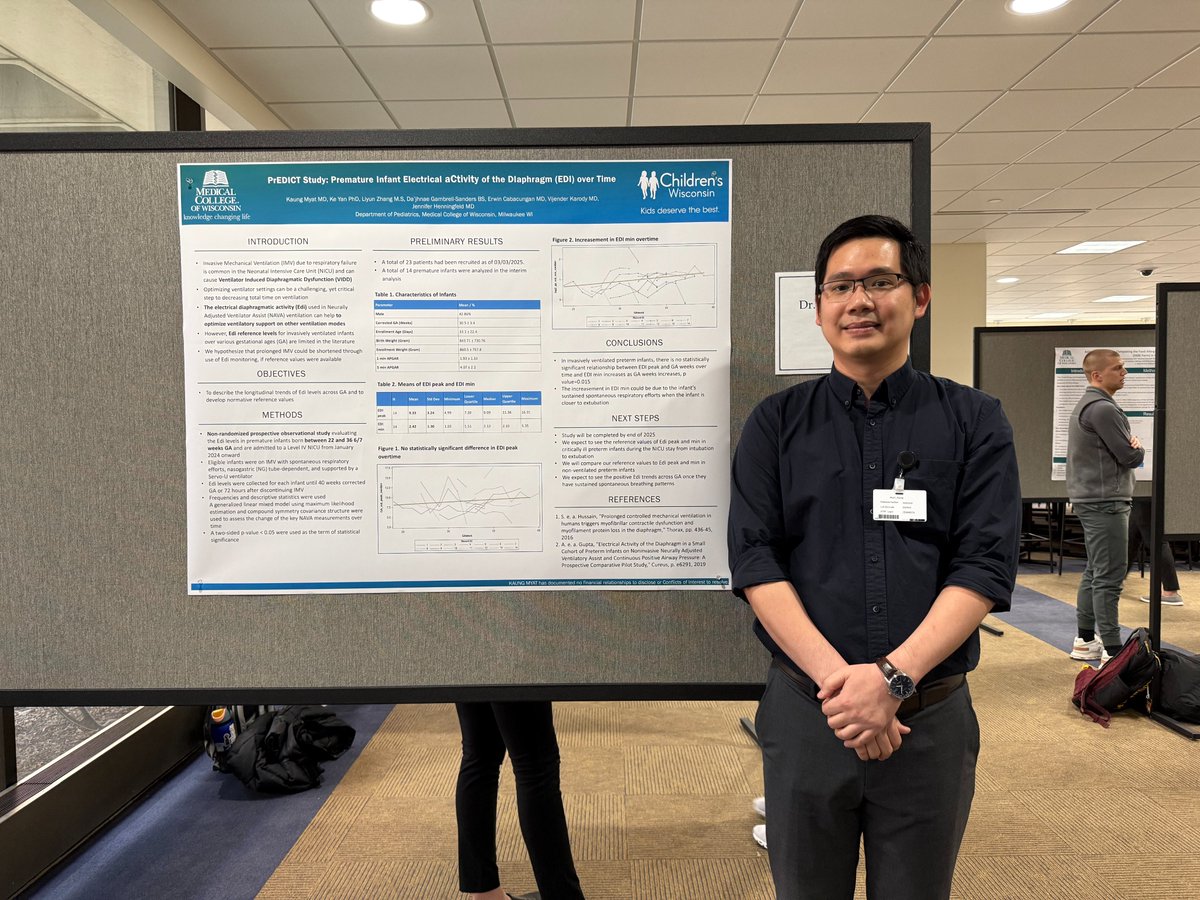 Next, we'd like to celebrate the hard work of Dr. Kaung Myat, who has been working with Dr. Vijay Karody, as well as our pulmonology team, to study the electrical activity of the diaphragm over time in premature infants. Congrats!