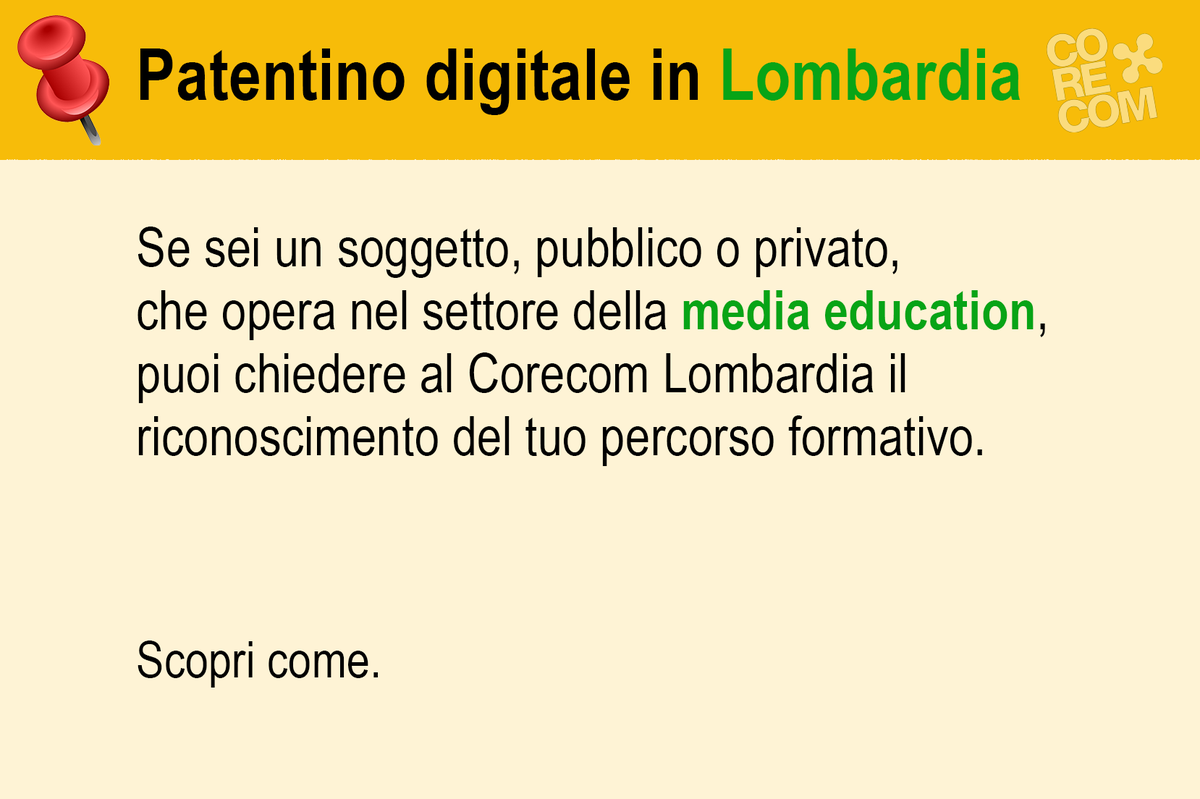 𝗣𝗮𝘁𝗲𝗻𝘁𝗶𝗻𝗼 𝗱𝗶𝗴𝗶𝘁𝗮𝗹𝗲:  il Corecom Lombardia ha definito la procedura per il riconoscimento dei progetti formativi conformi alle linee guida #Agcom.
Per maggiori informazioni 👉 corecomlombardia.it/wps/portal/sit…
#media #internet #scuola <a href="/CorecomLombard/">Corecom Lombardia</a>
