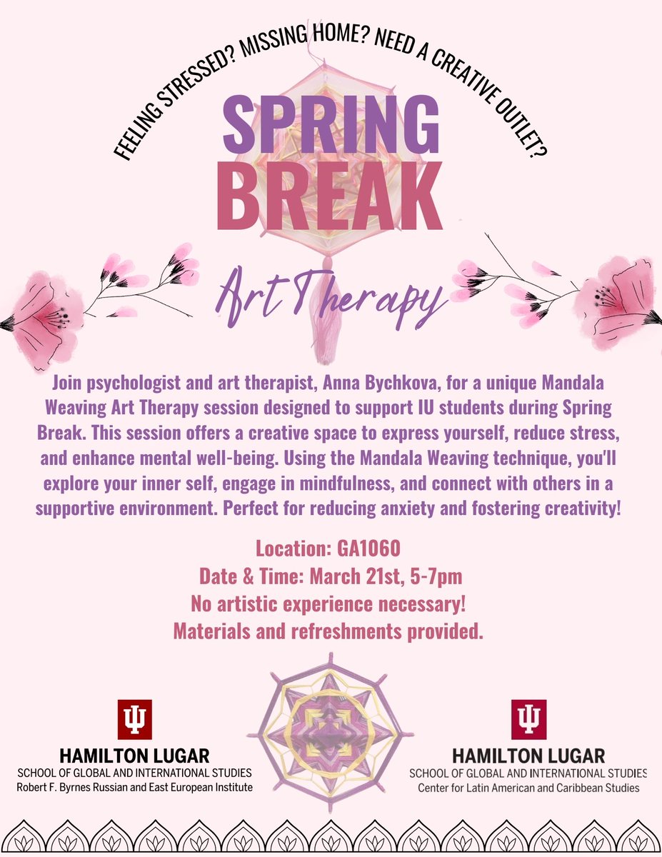 IUCLACS's tweet image. Join psychologist and art therapist, Anna Bychkova, for a FREE Mandala Weaving Art Therapy session designed to support IU students!
Location: GA1060
Date & Time: March 21st, 5-7 PM
Materials & refreshments provided
Hosted by @hamiltonlugar @IUREEI & CLACS
Open to the public!
