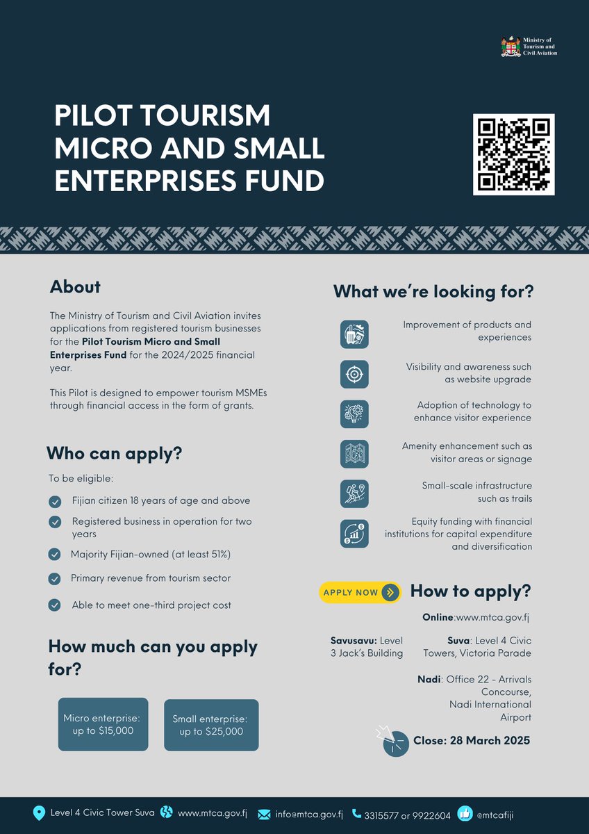 We’re inviting applications for the Pilot Tourism Micro &amp; Small Enterprises Fund for the 2024/2025 fy. The Pilot is designed to empower tourism MSMEs by providing financial assistance. 📨 mtca.gov.fj/2509-2/