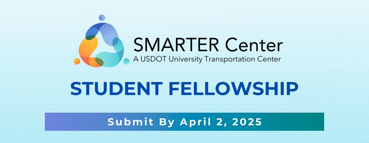 NTCMorgan's tweet image. Want $5,000 for your research? The SMARTER Student Fellowship is now open! We're looking for innovative ideas in transportation mobility, planning, and innovation. No transportation background required—just great ideas!
Apply by 4/2: buff.ly/4hRxa0H
#Research