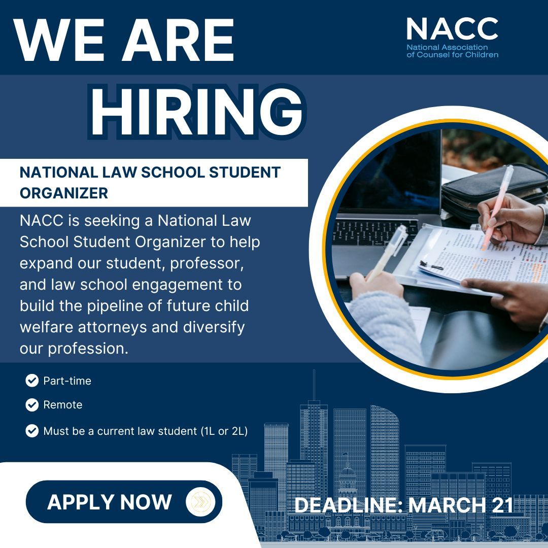 📣Law students: have you applied yet??📣

NACC is hiring a National Law School Student Organizer. This part-time, remote position is open to current law students (1L or 2L).

Apply by March 21: buff.ly/CTXKsil 

#childwelfare #lawschool