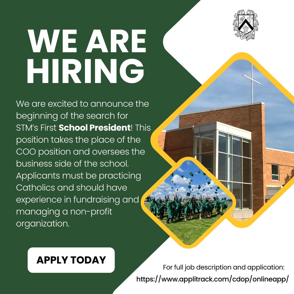 We are thrilled to announce 📣 that we have been given the green light to search for the very first President of The High School of St. Thomas More! 🐯 📚For a full job description and application, please visit our Diocesan Job Bank applitrack.com/cdop/onlineapp/
