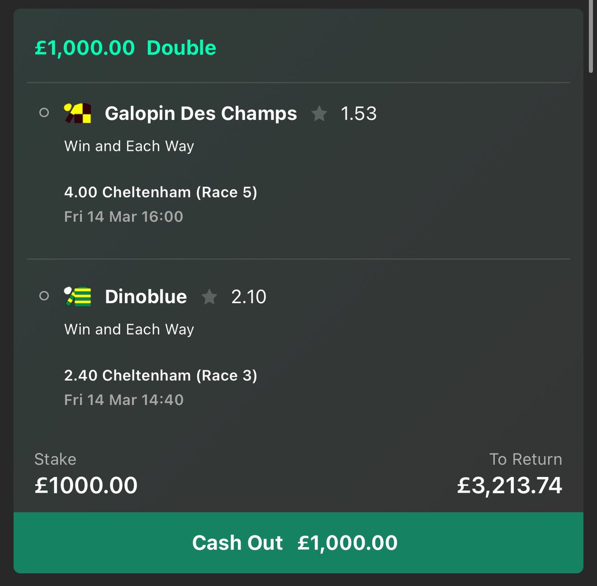 GambIingPro's tweet image. If Dinoblue &amp;amp; Galopin Des Champs both WIN tomorrow at Cheltenham, I’ll giveaway £1,000 to TWO people!👀💷

Simply like this post to enter. (Must be following me) 📲

Good luck everyone for Day 4!🏇