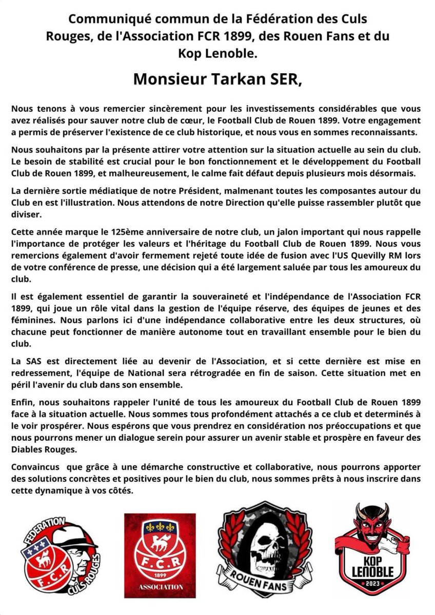 FédérationCulsRouges (@culsrouges) on Twitter photo Communiqué commun avec l'association Football Club de Rouen, le Kop Lenoble et les <a href="/RouenFans/">Rouen Fans</a>. 🔴⚪ Communiqué commun avec l'association Football Club de Rouen, le Kop Lenoble et les <a href="/RouenFans/">Rouen Fans</a>. 🔴⚪