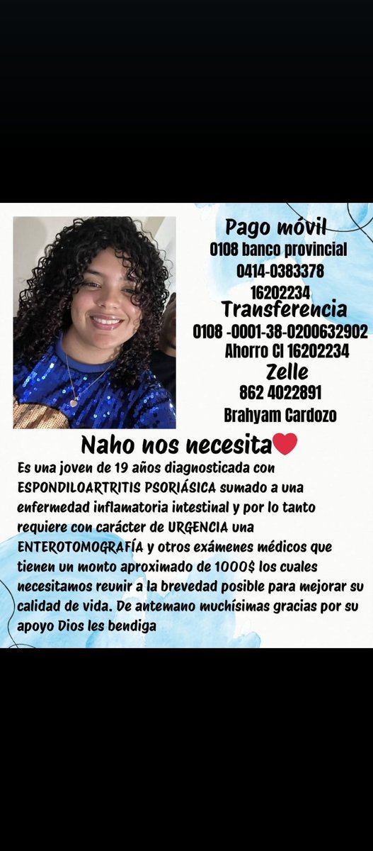 Nahomy necesita de la ayuda de todos, sus padres han agotado sus recursos económicos luego de un mal diagnóstico.
También ayudas reposteando 🙏