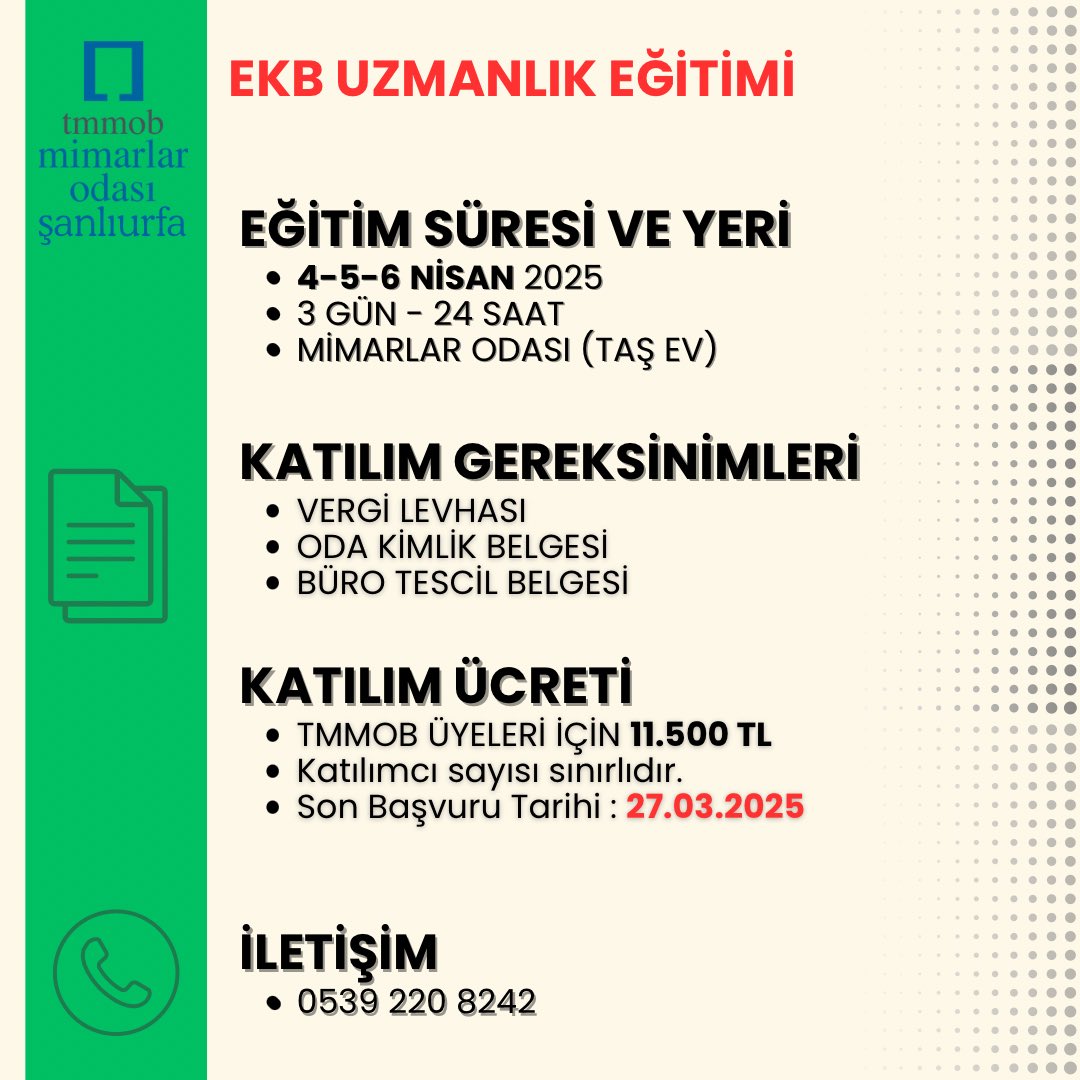SMGM Eğitimleri kapsamında Şubemizde gerçekleştirilecek Sertifikalı "Enerji Kimlik Belgesi Uzmanlık Eğitimi" Programına sınırlı sayıda katılımcı alınacaktır.
Son Başvuru Tarihi 27 Mart 2025
İletişim için 05392208242