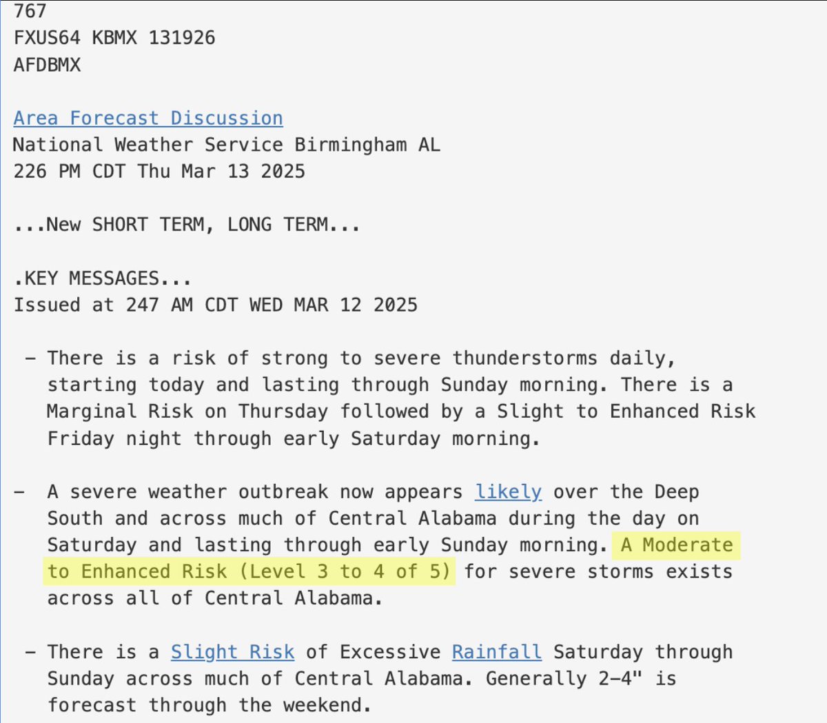 It seems even NWS meteorologists can swap Moderate and Enhanced in their AFDs.. Perhaps further evidence supporting <a href="/Sean_Ernst_Wx/">Sean Ernst</a>'s work on the interpretation of SPC risk categories? (journals.ametsoc.org/view/journals/…)

Either way I hope everyone in the Southeast stays safe this weekend!