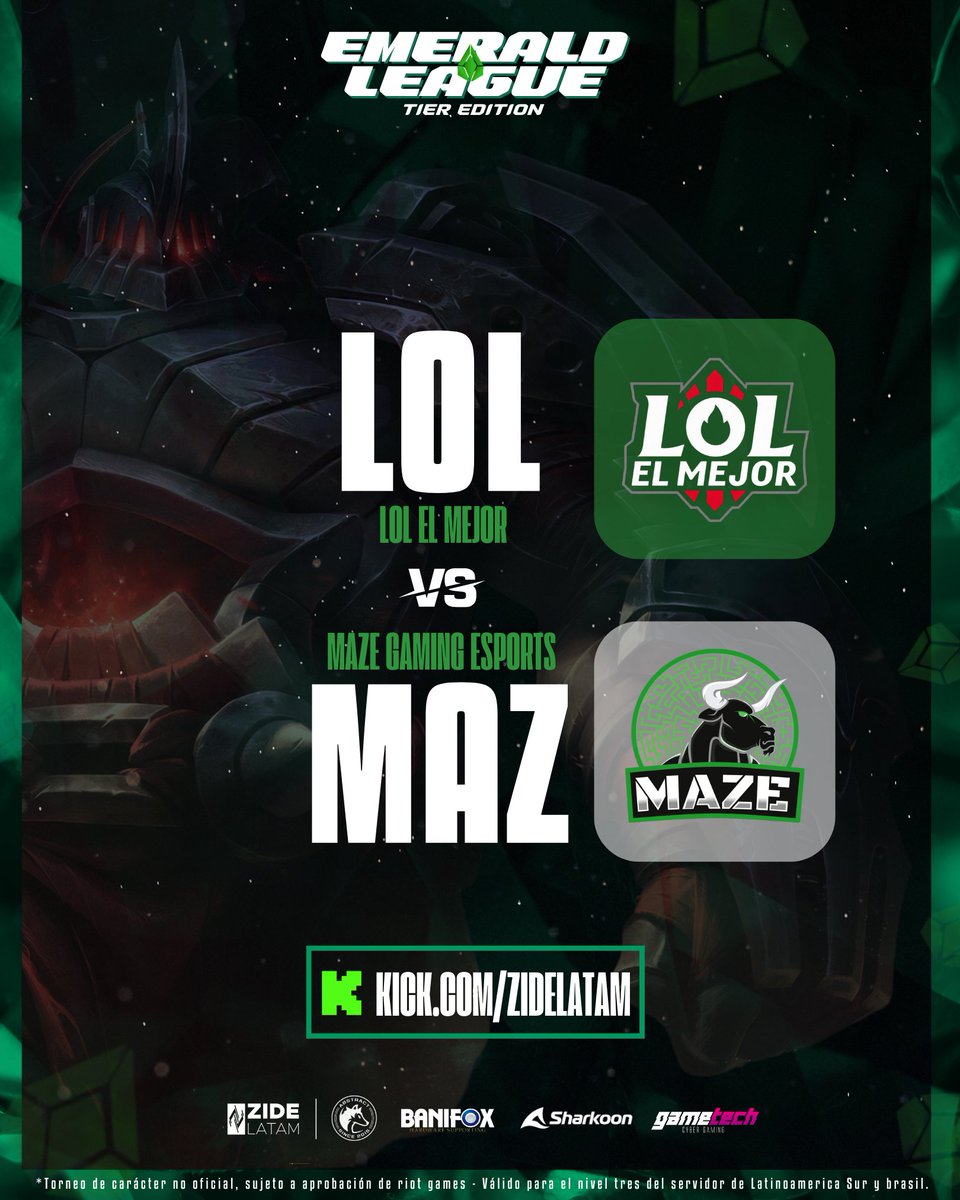 🔥 ¡Emerald Tier Edition - Semifinal 2! 🔥

💥 <a href="/MazeGamingLA/">Maze Gaming</a> vs. LOL El Mejor (<a href="/RodriCerrudo/">Chórdy</a> )💥

🏆 ¡La batalla por la gloria continúa! No te pierdas la semifinal 2 entre estos dos grandes equipos, en busca del campeonato. ¿Quién se llevará la victoria?

🗓 Hoy, 18:30hs
📍 En