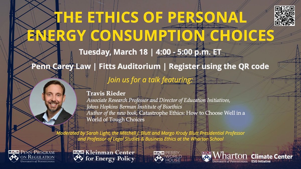The Regulatory Review (@theregreview) on Twitter photo Join us in person at <a href="/pennlaw/">University of Pennsylvania Carey Law School</a> on Tues, March 18 at 4PM ET, for a talk featuring Travis Rieder of <a href="/bermaninstitute/">Johns Hopkins Berman Institute of Bioethics</a>, author of the book “Catastrophe Ethics,” who will explore the ethics of energy consumption choices in an era of climate change. Register: buff.ly/TAuhtEC Join us in person at <a href="/pennlaw/">University of Pennsylvania Carey Law School</a> on Tues, March 18 at 4PM ET, for a talk featuring Travis Rieder of <a href="/bermaninstitute/">Johns Hopkins Berman Institute of Bioethics</a>, author of the book “Catastrophe Ethics,” who will explore the ethics of energy consumption choices in an era of climate change. Register: buff.ly/TAuhtEC