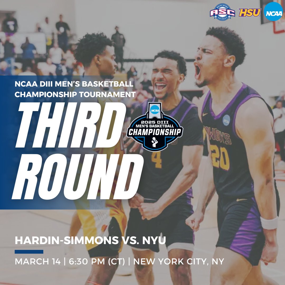 🏀GAME DAY🏀

🏆 | NCAA DIII Championship Round of 16
🏀| <a href="/HSUAthletics/">HSU Athletics</a> vs. New York University
📍 | New York City, NY
⏰ | 6:30 PM (CT)
📺| ncaa.com/game/6385324
📶 | gonyuathletics.com/sidearmstats/m…

#ascsports #aschoops #d3hoops