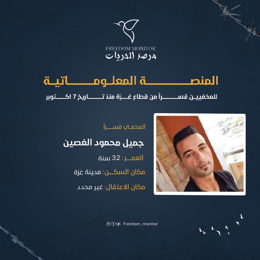 الاسم: جميل محمود الغصين
العمر: 32 سنة 
مكان السكن: مدينة غزة
مكان الاعتقال: غير محدد

ندعوكم إلى مشاركة نموذج بيانات المخفيين قسراً مع كل عائلة غزّية تبحث عن أبنائها المخفيين بعد السابع من أكتوبر. تجدون النموذج في البايو.

#مرصد_الحريات