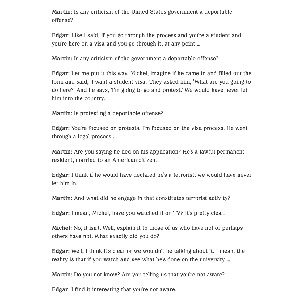 Troy Edgar (second-in-command at the Department of Homeland Security) on Mahmoud Khalil ...