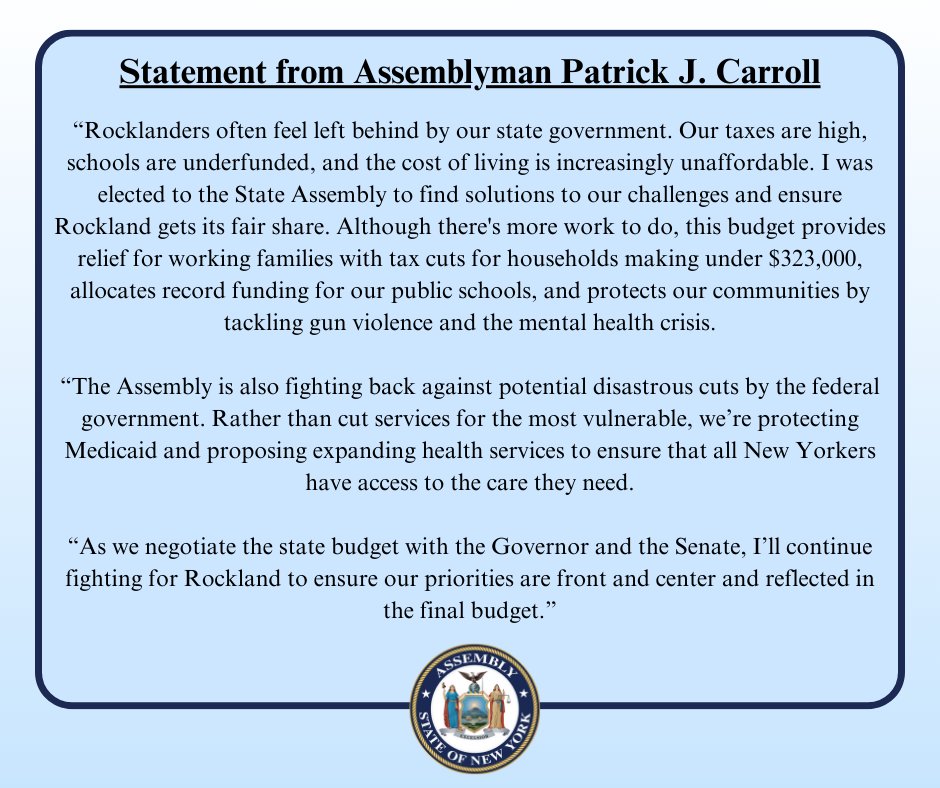 Today, the Assembly adopted its one-house budget resolution. As we negotiate the state budget with the Governor and the Senate, I’ll continue fighting for Rockland to ensure our priorities are front and center and reflected in the final budget. My statement: