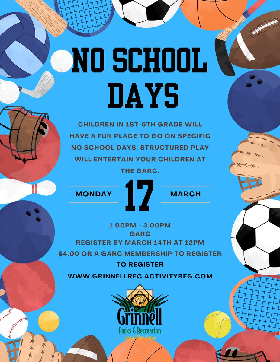 Time is running out to get registered for the No School Days held for Monday the 17th!
Register here: grinnellrec.activityreg.com