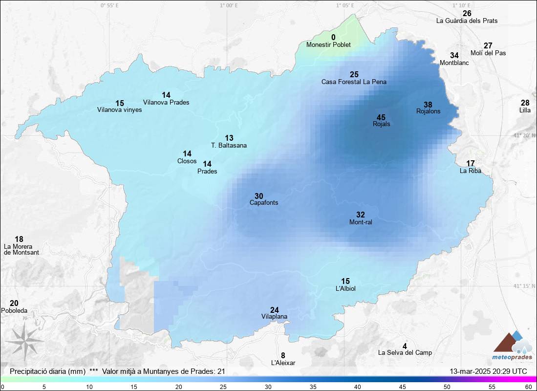 Seguim amb la bona dinàmica plujosa. Fins el moment, avui hem recollit de 15 a 30 litres ben caiguts i repartits arreu. Destaquem els 45 litres de Rojals, punt on de moment ha plogut més. Encara poden anar pujant els registres. I demà... Ai demà... Tothom a mirar les webcams 🫣❄️