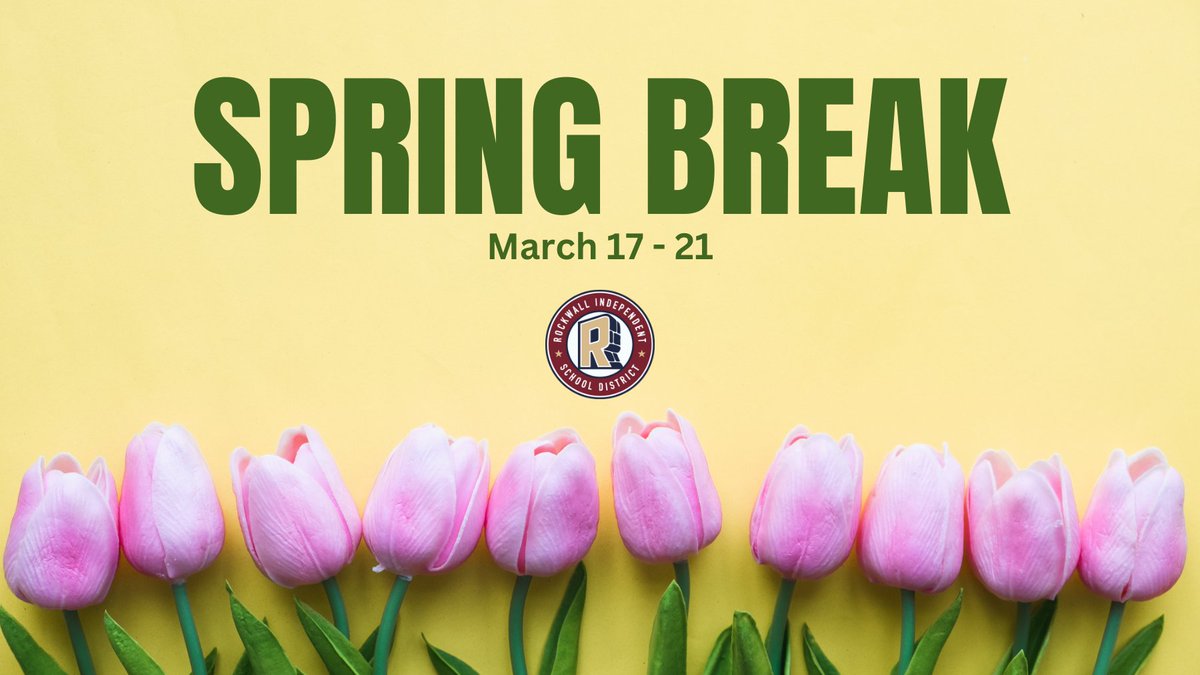 Reminder: Tomorrow is an early release day for all students. The District will be closed March 17-21. Below are the early release times for Friday:

Elementary: 11:45 a.m.
Middle School: 12:30 p.m.
High School: 1 p.m.