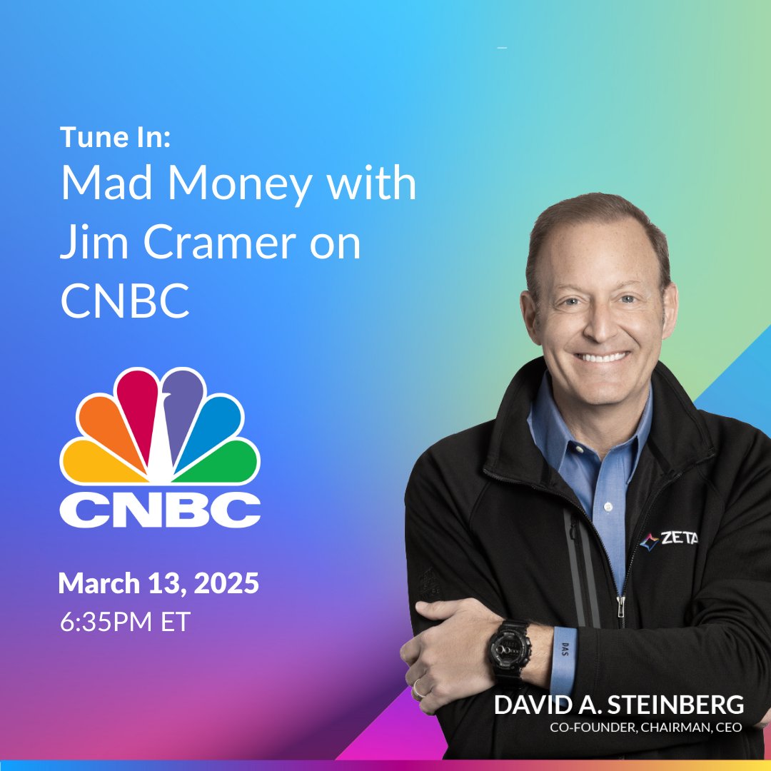 Zeta (@zetaglobal) on Twitter photo Our CEO, David A. Steinberg, will be joining <a href="/jimcramer/">Jim Cramer</a> on <a href="/MadMoneyOnCNBC/">Mad Money On CNBC</a> to discuss all things $ZETA. Tune in live at 6:35pm ET. Our CEO, David A. Steinberg, will be joining <a href="/jimcramer/">Jim Cramer</a> on <a href="/MadMoneyOnCNBC/">Mad Money On CNBC</a> to discuss all things $ZETA. Tune in live at 6:35pm ET.