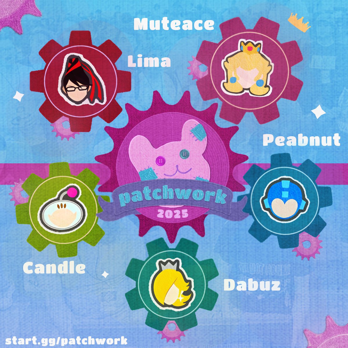 🎀🧸In case you missed the trailer, here's the top players for Ultimate at Patchwork 2025!🧸🎀

🧶 MuteAce (2023 &amp; 2024 👑)
🧵 Lima
🪡Dabuz
🪢Peabnut
🧷Candle

<a href="/MuteAce/">MuteAce 竜</a> <a href="/Limabayo_/">Lima</a> <a href="/DabuzSenpai/">Dabuz</a> <a href="/Peabnut/">Peab 🥜</a> <a href="/Candleop34/">WEIRD | Candle</a>