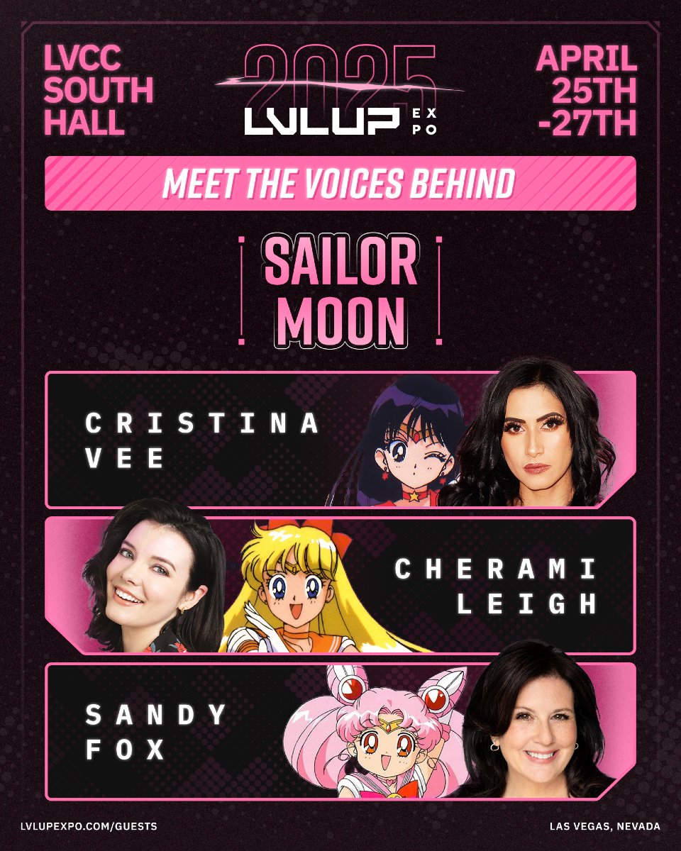 Sailor Guardians, assemble! 🌟 We’re beyond excited to welcome the voice cast of Sailor Moon to LVL UP EXPO!

🌙 Stephanie Sheh
🌙 Kate Higgins
🌙 Cristina Vee
🌙 Cherami Leigh
🌙 Bennett Abara
🌙 Sandy Fox

See you in Las Vegas! 🌟 Get your badge now ➡️ lvlupexpo.com.