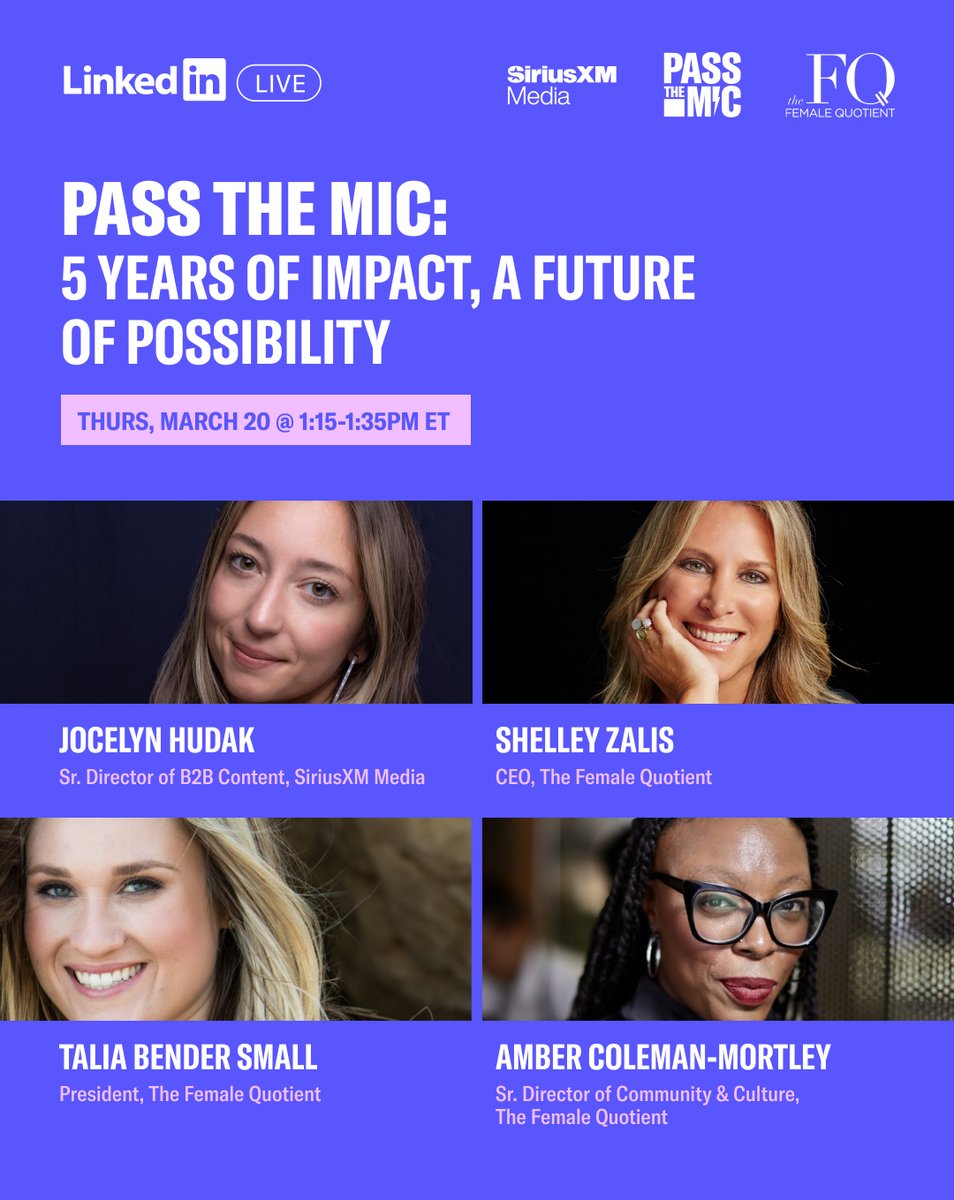 SiriusXM Media (@siriusxmmedia) on Twitter photo 🎉 We're throwing a LinkedIn Live party w/ The @FemaleQuotient to celebrate 5 yrs of #PasstheMic! 🎉
Join Jocelyn Hudak, <a href="/ShelleyZalis/">Shelley Zalis</a>, Talia Bender Small & Amber Coleman-Mortley as they reflect on their impact & the future of #femaleleadership.
RSVP: bit.ly/3DPM3l5 🎉 We're throwing a LinkedIn Live party w/ The @FemaleQuotient to celebrate 5 yrs of #PasstheMic! 🎉
Join Jocelyn Hudak, <a href="/ShelleyZalis/">Shelley Zalis</a>, Talia Bender Small & Amber Coleman-Mortley as they reflect on their impact & the future of #femaleleadership.
RSVP: bit.ly/3DPM3l5