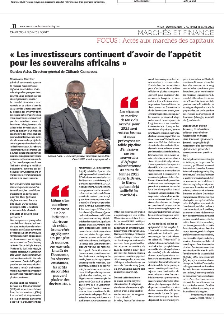 L'analyse du patron de <a href="/Citi/">Citi</a> Cameroun sur le marché des capitaux : les tendances récentes, pourquoi le coût du financement augmente, les alternatives possibles pour les États, etc. A lire dans cameroonbusinesstoday.cm
#money
#CBT