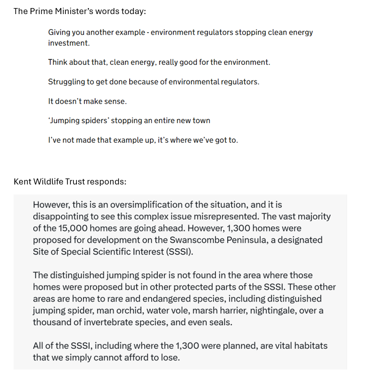 Richard Benwell (@rsbenwell) on Twitter photo All hope of a win-win for nature & development will be dashed if <a href="/Keir_Starmer/">Keir Starmer</a> keeps repeating nature vs economy misrepresentation. It's undermining his Government's more considered work.
First newts, then bats, now jumping spiders are *wrongly* blamed for delays in development. All hope of a win-win for nature & development will be dashed if <a href="/Keir_Starmer/">Keir Starmer</a> keeps repeating nature vs economy misrepresentation. It's undermining his Government's more considered work.
First newts, then bats, now jumping spiders are *wrongly* blamed for delays in development.